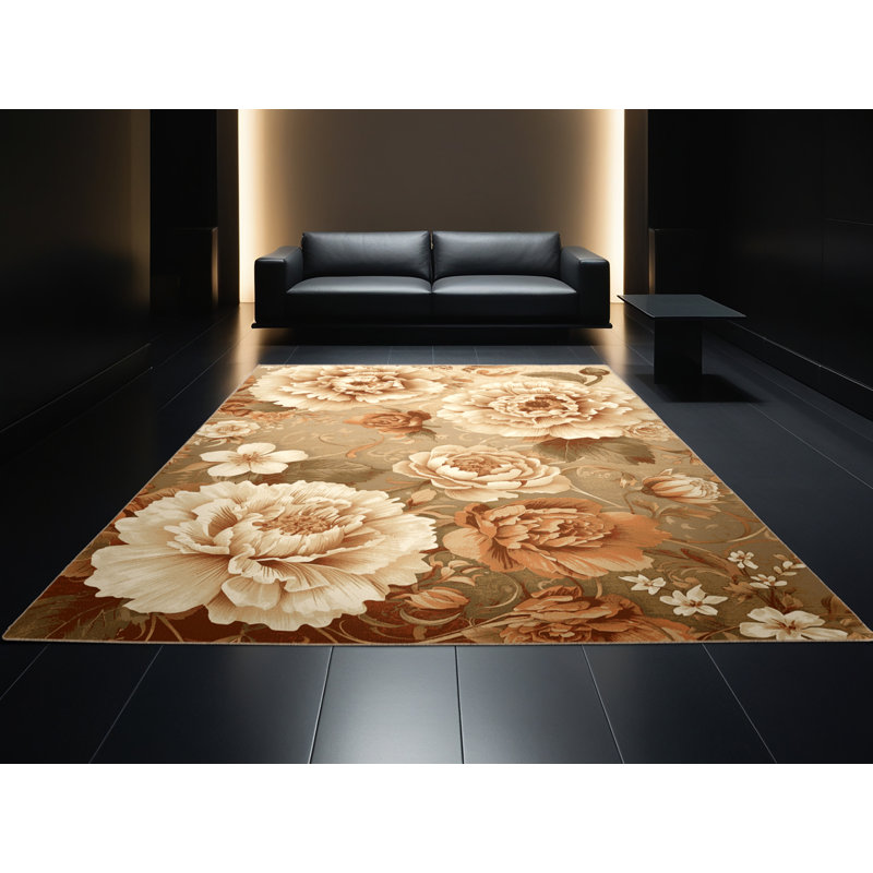 Machine Washable Paesyn Carnation Florentiner Floral Rug in Brown – Beige Binding, 6' Round