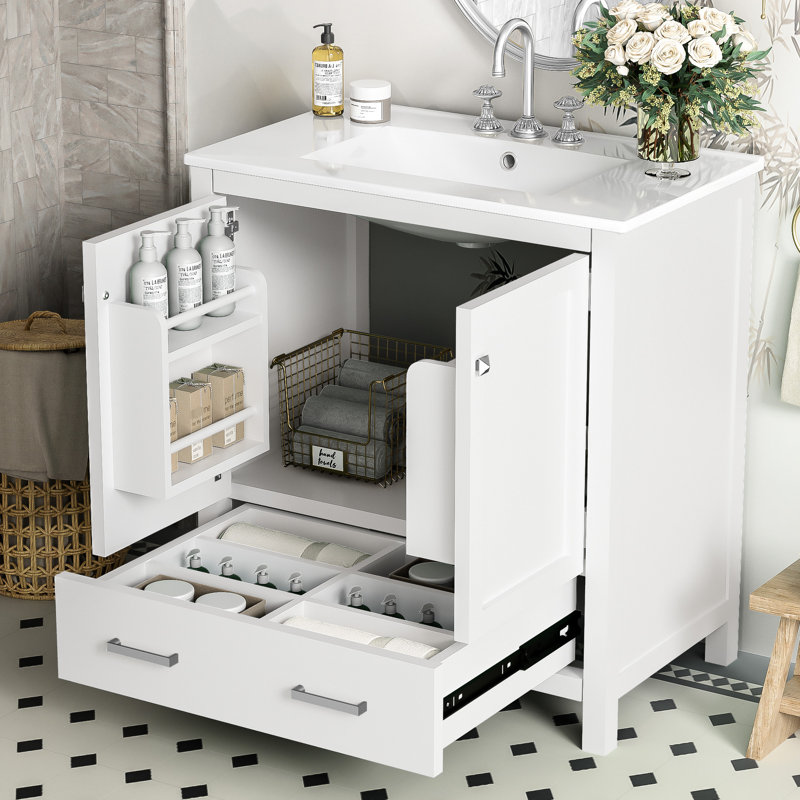Meuble-lavabo 30 po avec fermeture en douceur, lavabo blanc, bois massif + armoire, 2 portes et 1 rangement, meuble-lavabo contemporain avec élément, lavabo en céramique, cadre, 2 portes et 1 tiroir