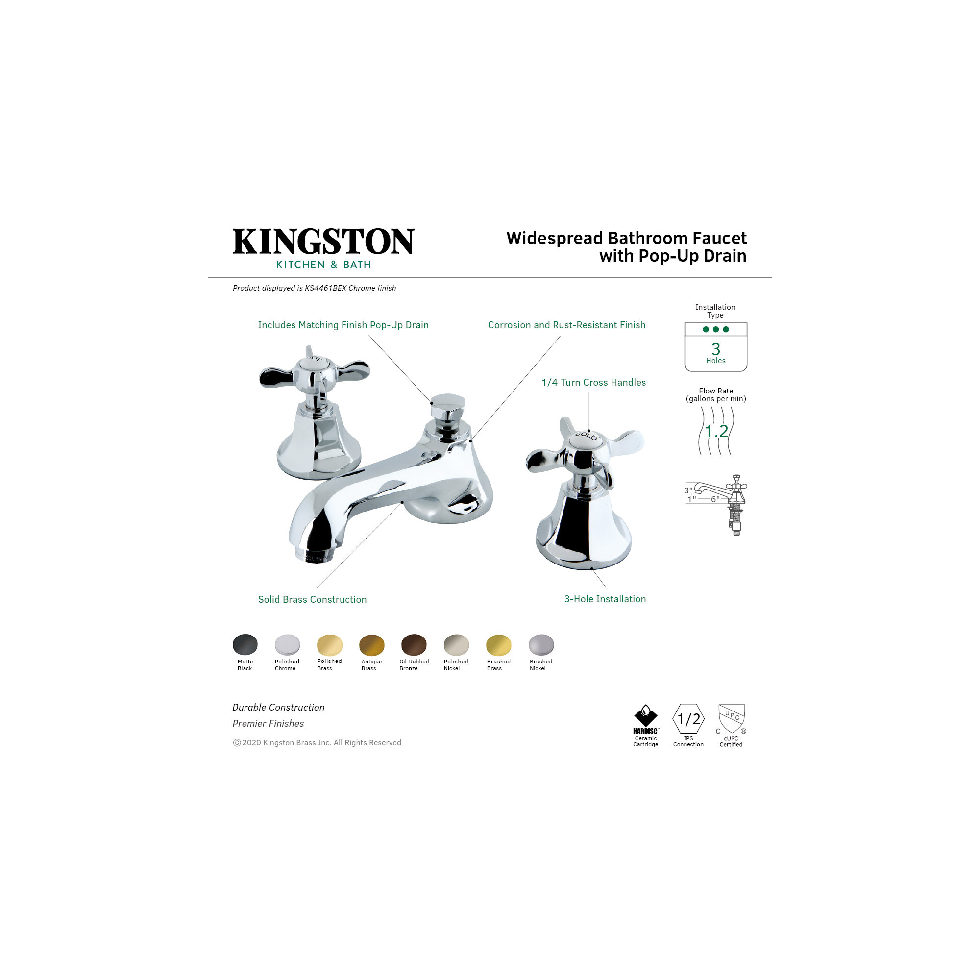 Kingston Brass Essex Two-Handle 3-Hole Deck Mount Widespread Bathroom Faucet with Brass Pop-Up Drain, Oil Rubbed Bronze