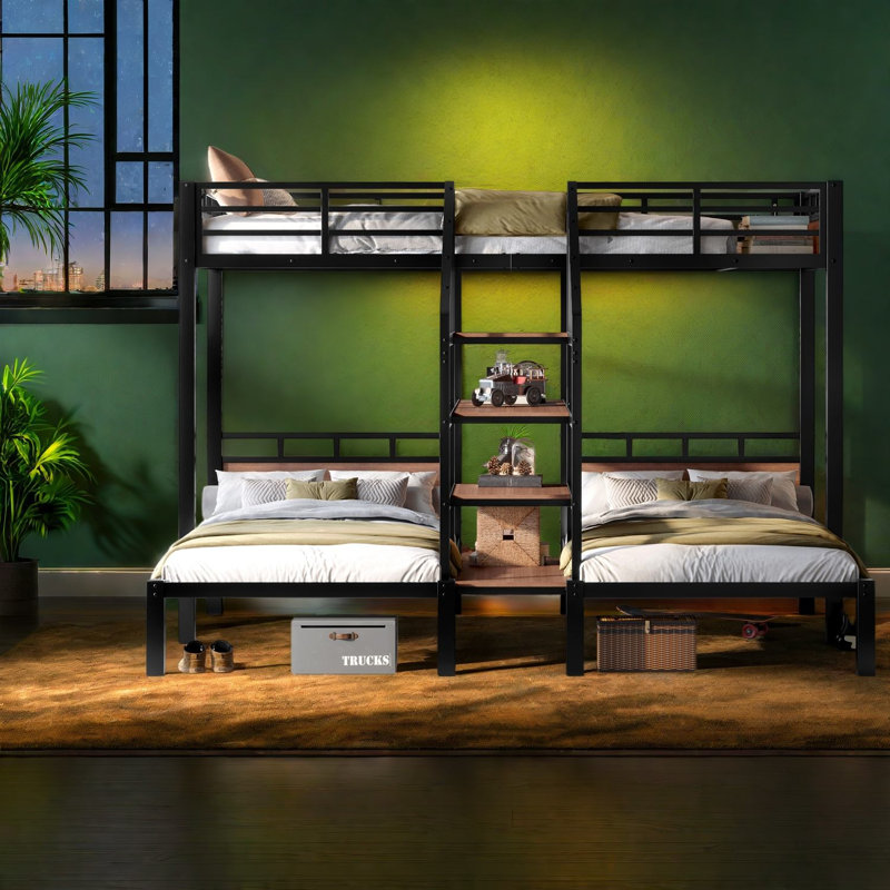 Lit triple compact avec rangement, panneau de fibres à densité moyenne en métal, maison familiale moderne