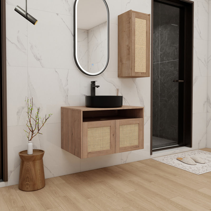 Meuble-lavabo de 30 po avec lavabo d'art en céramique et armoire latérale, 2 portes à fermeture douce, fixation à flotteur