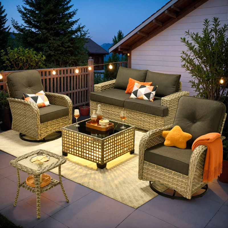 Ensemble de conversation en osier / rotin pour 4 personnes avec chaises pivotantes et coussins Wahkon, Noir