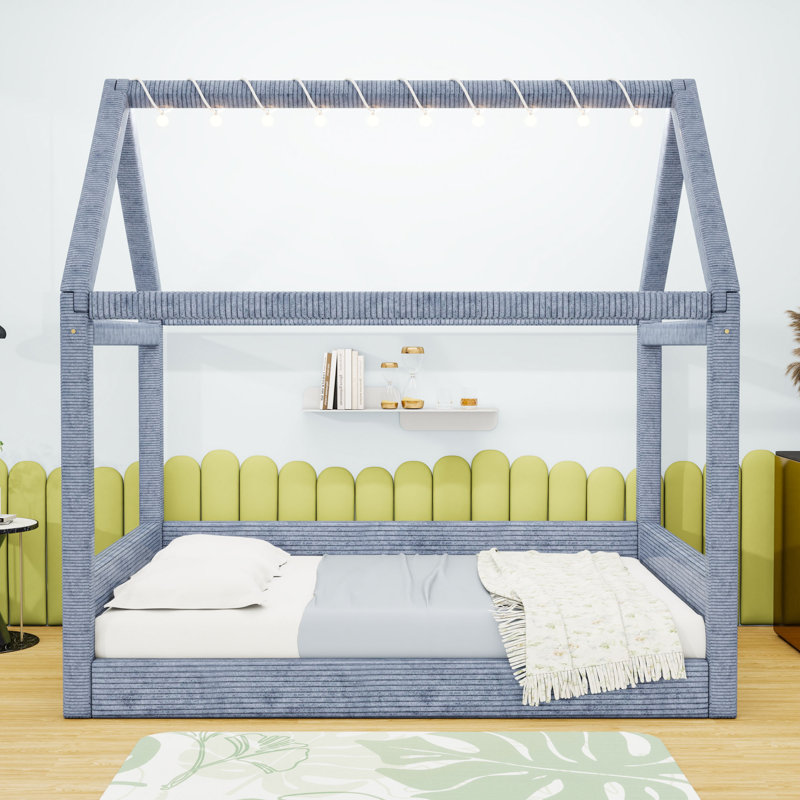Full-Size Corduroy Upholstered House-Shaped Daybed with LED Light, Gray