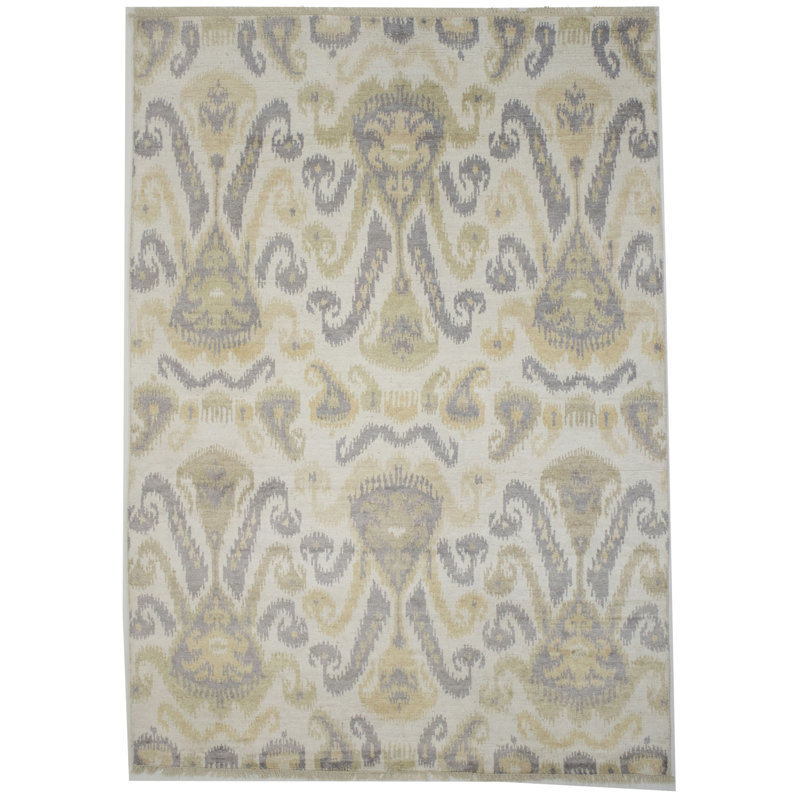 Tapis beige / gris / brun clair noué à la main Ikat