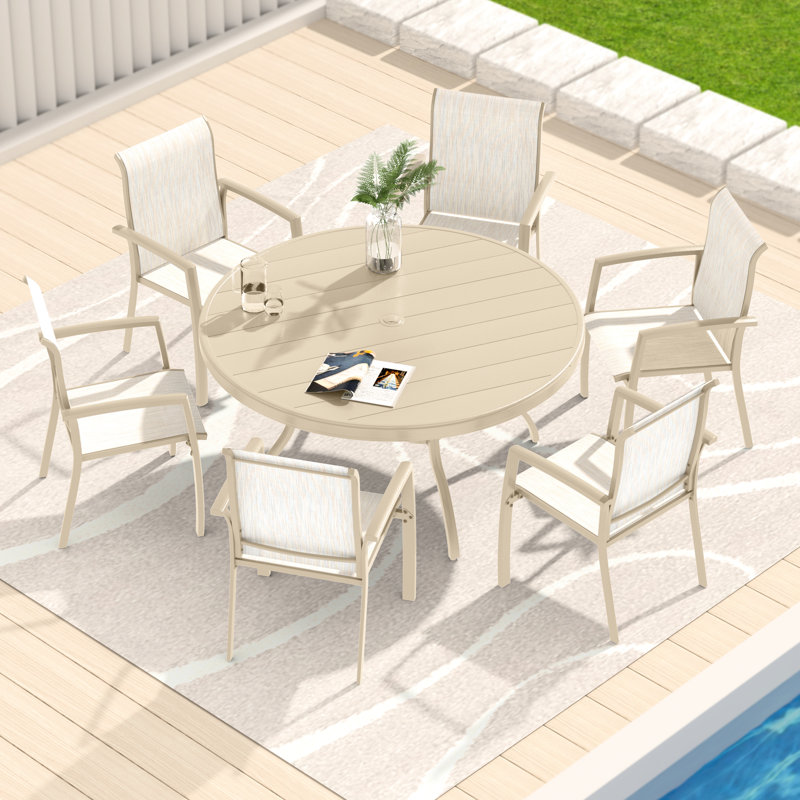 Table de patio pour l'extérieur pour 6 à 7 personnes, métal résistant aux intempéries avec trou de parasol réglable, résistance à la rouille thermolaquée, stabilité des pieds pliés, prévention des revêtements de 52,19 po x 27,79 po, conception des pieds