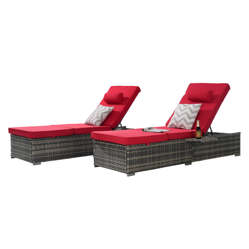 Outdoor Chaise Lounges With Adjustable Backrest And Storage For Outside, Red Cushion/Gray Frame