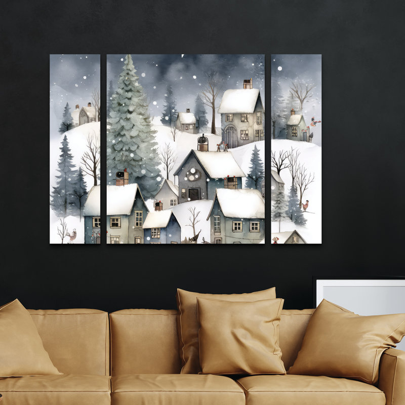 Ensemble de 3 panneaux d'art mural - «La veille de Noël», la toile dorée pour décoration de salon, de chambre à coucher ou de bureau 