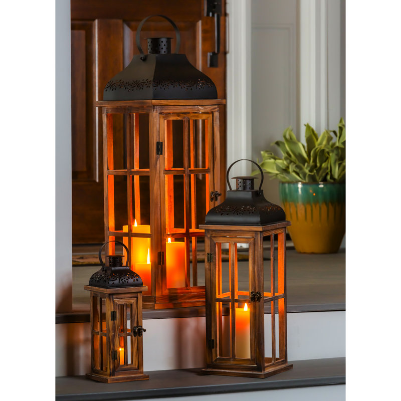 Set Of 3 Nested Wood And Metal Lanterns W LED Candle