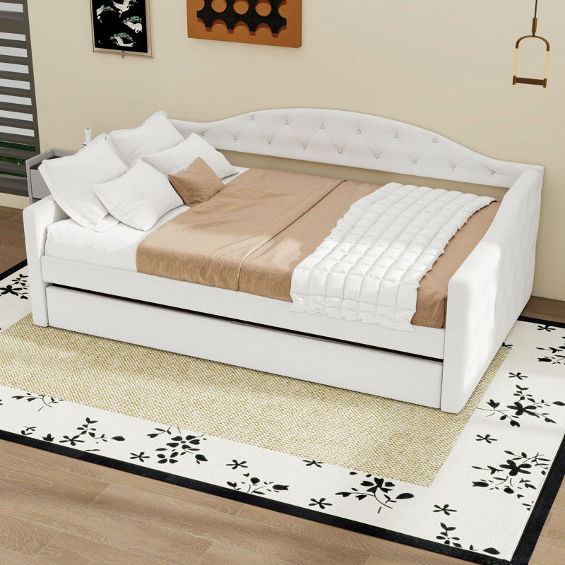 Lit de jour simple en velours avec ports de charge USB et lit gigogne simple, Beige