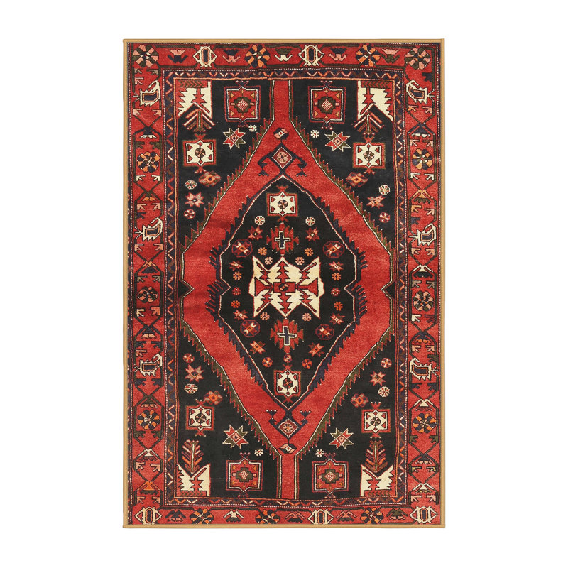 Tapis rouge / noir en laine / polyester tissé à la machine de style Sud-Ouest, Rectangle 5 pi x 8 pi
