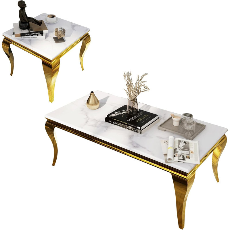 Ensemble de table de salon 2 pièces blanc et doré
