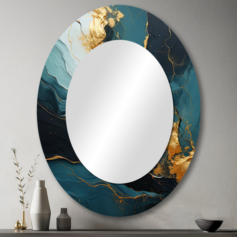 Chute d'eau dorée et verte abstraite en marbre I - grand miroir mural ovale sur métal, H 43 po x l 33 po