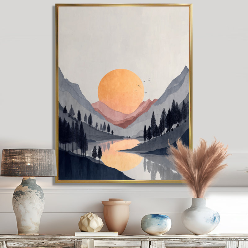 Été coucher de soleil dans les montagnes - art mural côtier, impression sur toile jaune, H 20 po x l 12 po, Cadre flottant