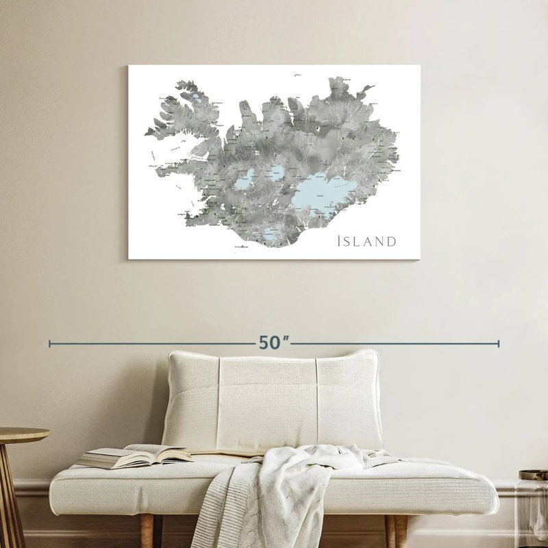 Carte de Nicci de l'Islande en gris avec des étiquettes, H 26 po x l 39 po