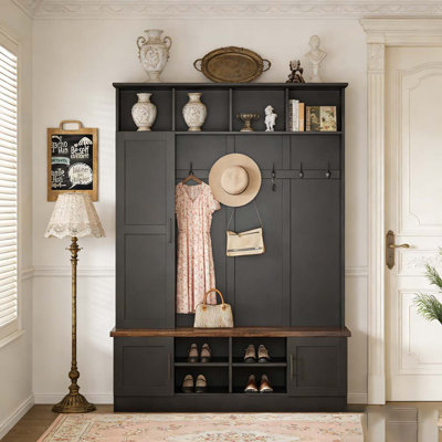 3-in-1 Hall Tree with 6 Hooks, Farmhouse Walnut Storage Bench with Adjustable Shelves