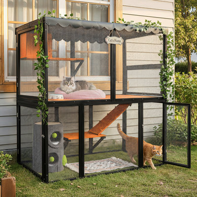 Catio en bois à 4 niveaux, grande enceinte intérieure pour chat, pour chats multiples, avec couvercle et rampe imperméables