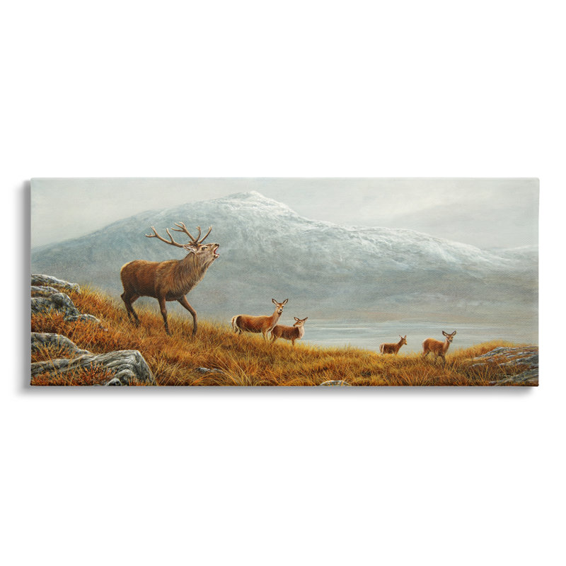 «Deer Herd Mountain Landscape», peinture sur toile, H 10 po x l 24 po x P 1,5 po