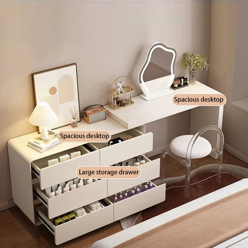 Coiffeuse avec miroir lumineux, 6 tiroirs, prise de courant