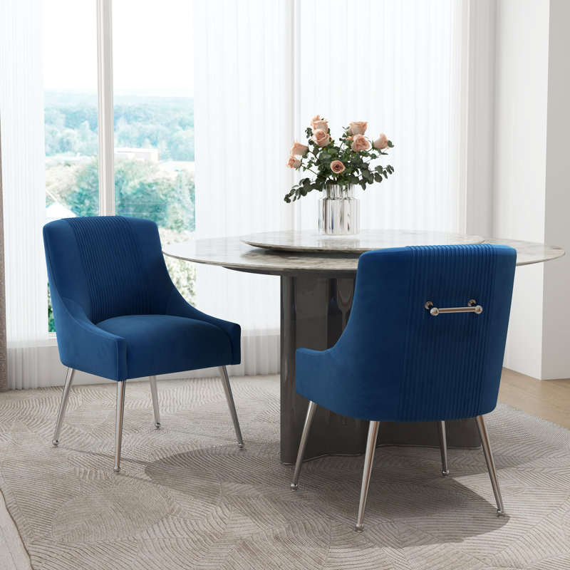 Farr Velvet Upholstered Side Chair With Silver Legs, Navy