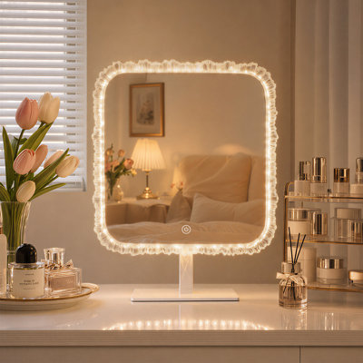 Miroir carré de coiffeuse à DEL avec bordure en cristal Iceberg, éclairage 3 couleurs, gradation continue et commande tactile, miroir de maquillage de table pour la chambre à coucher ou la coiffeuse