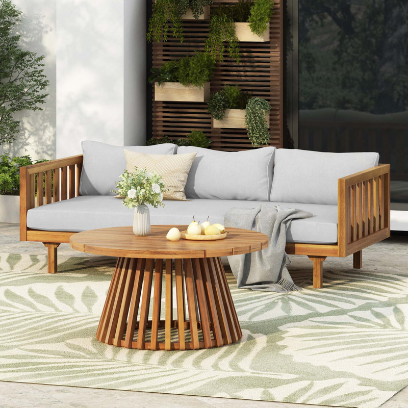 Canapé de patio 3 places en bois d'acacia (avec coussins épais résistants à l'eau) et table basse ronde, Light Gray