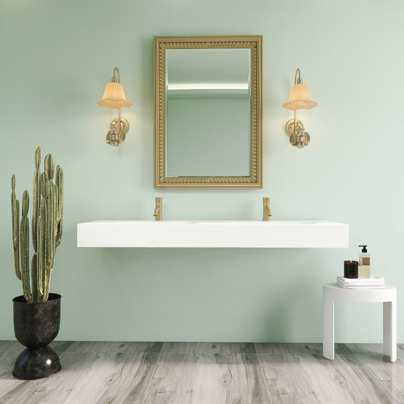 59 po x 18 po Lavabo de salle de bain double à fixation murale à surface solide avec trous de robinet en blanc mat