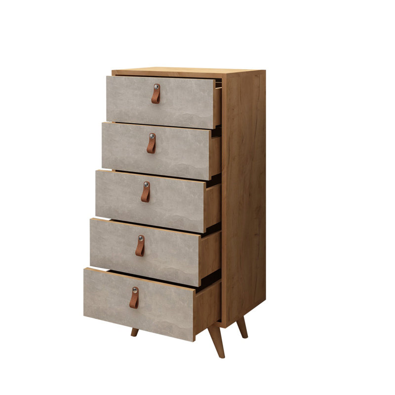 Modern Scandinavian Dresser with 5 Drawers, Oak & White, 19.7 x 40.6 x 15.7 inches | 100% Melamine Coated Particle Board, PU Leather Handles, Wooden Legs | Wall-Mountable, Stylish Storage Solution for Any Room