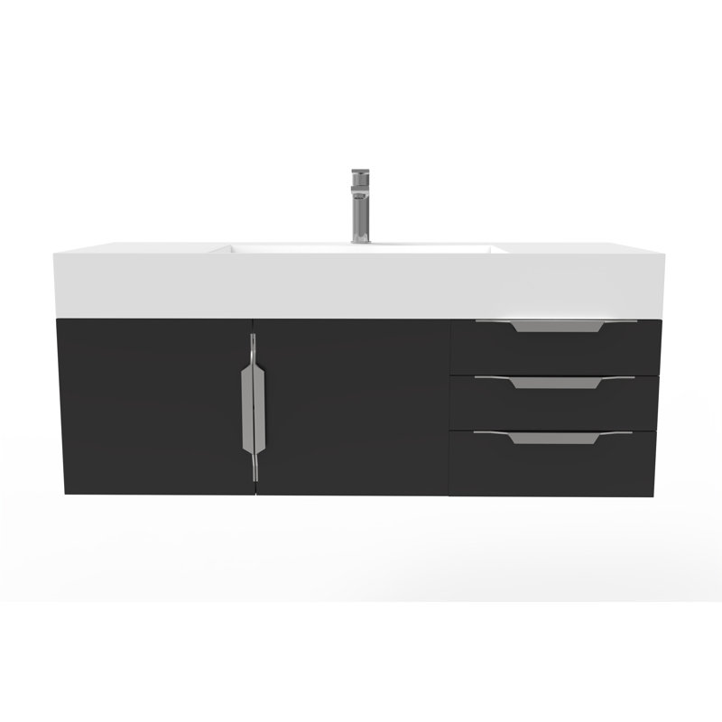 Meuble-lavabo mural simple 48 po avec comptoir à surface solide 48 po, Blanc, Noir, Nickel brossé