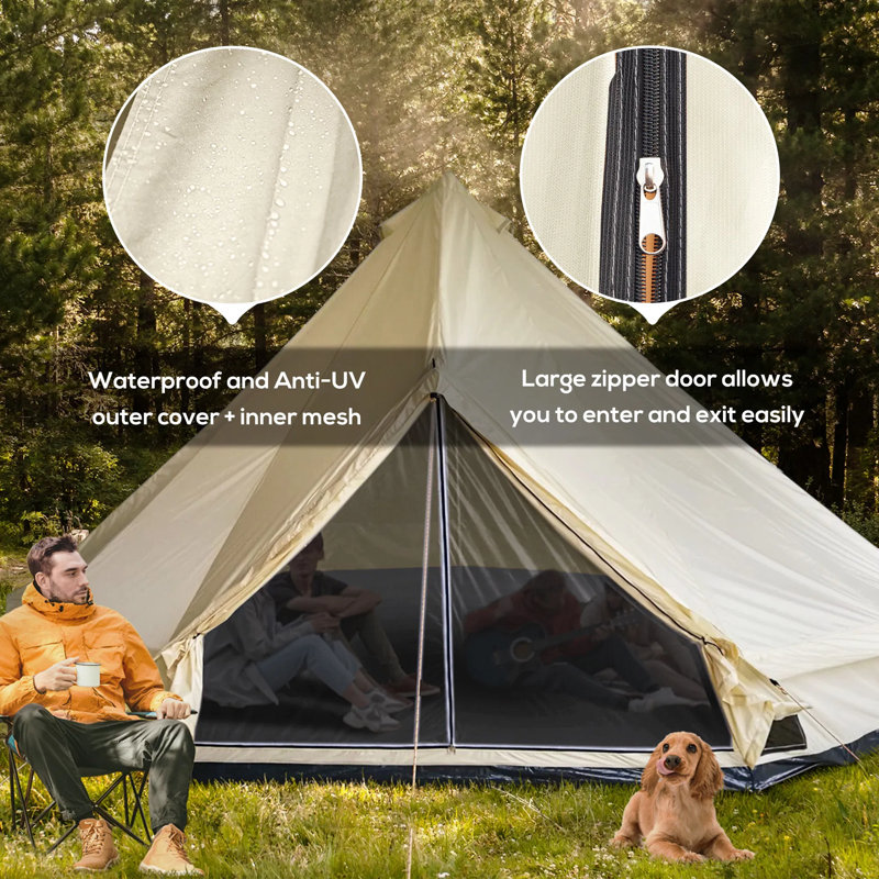 Grande tente familiale 16,5 pi pour 10 personnes - tente de camping quatre saisons imperméable avec cloche tipi, tente de camping de style mongol avec fenêtres en filet