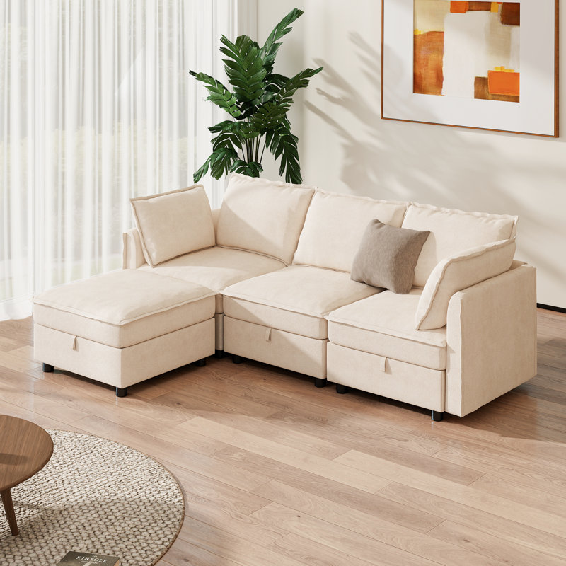 Canapé modulaire rembourré en L en chenille de 97,2 po Keswick, Beige