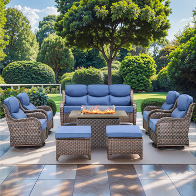 High Back Outdoor Furniture With 6-Inch Extra Thick Cushions, Patio Furniture Set With Fire Pit Table & Swivel Chairs, 8PCS Wicker Conversation Set For Yard, Deck, Poolside