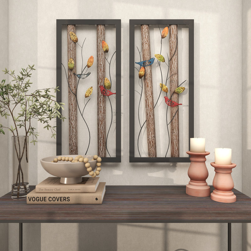 Décoration murale oiseau en métal noir avec détails en bois véritable