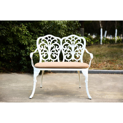 Banc de jardin en fonte d'aluminium durable avec motif floral rose et coussin pour l'extérieur
