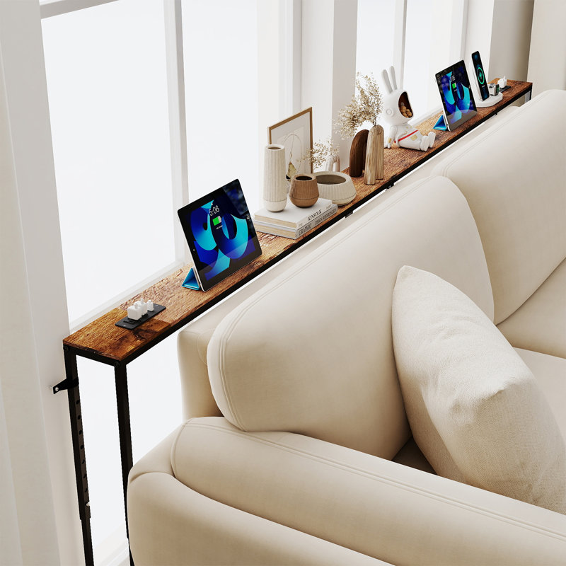 Table de canapé de 102,3 pouces avec prises de courant, hauteur réglable de 23,9 à 34,4 pouces, table de canapé derrière avec ports USB-C, tables de canapé étroites longues, console mince, petits espaces, brun rustique