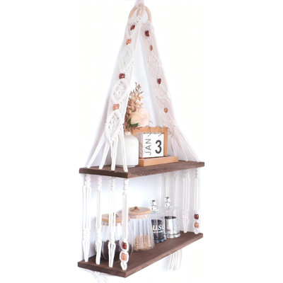 Tablette murale Macrame pour décoration de chambre bohème, tablette en bois noir faite à la main pour exposer des plantes, des photos, des livres et des objets décoratifs, dortoir, décoration de vestibule