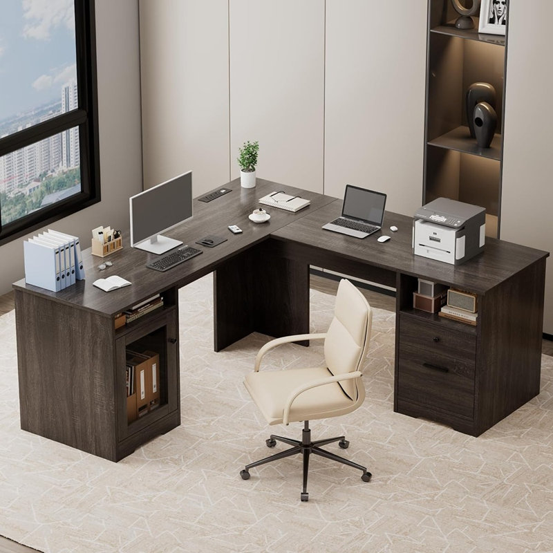 Bureau d'ordinateur en coin avec prises de courant, lumières DEL, tablettes de rangement et support pour imprimante, blanc