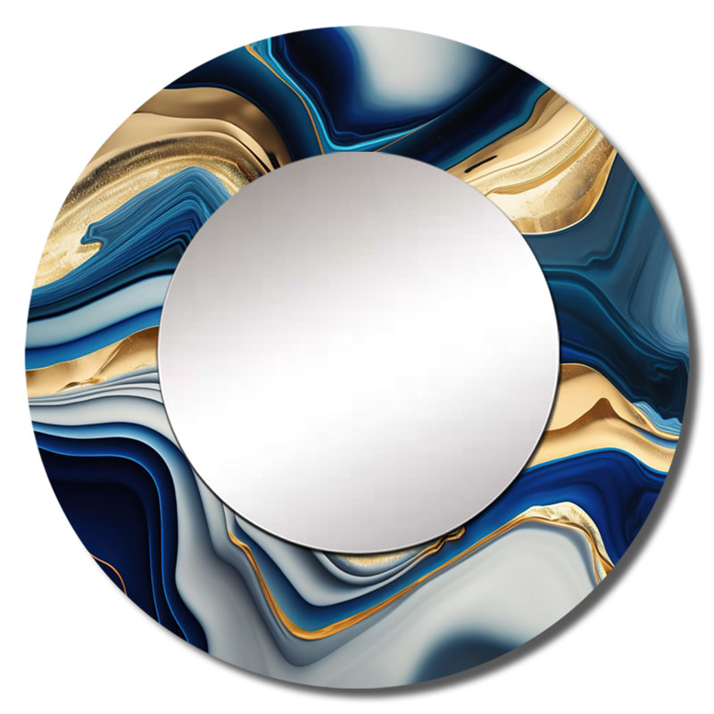 Soll Vibrant Blue And Gold Agate II - Transitional Mirror, Modern Round Unique Wall Mirror, Printed Metal Art, 36" x 36"