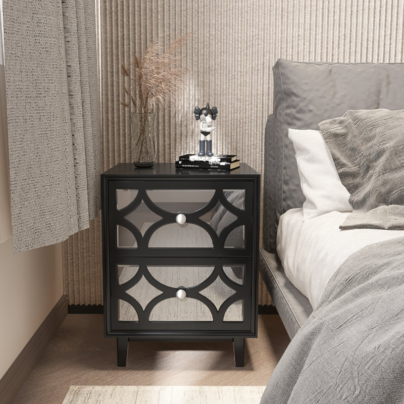 Habeel Two Drawer Mirror Front Nightstand, Black