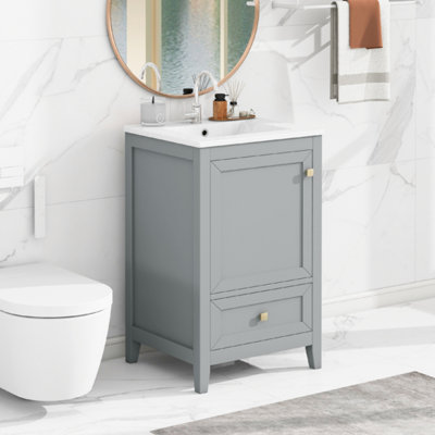 Meuble-lavabo de 20 po avec lavabo, armoire de salle de bain avec porte à fermeture douce, support de rangement et tiroir