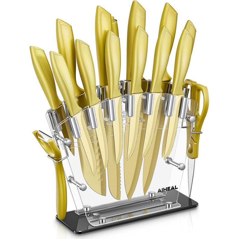 Ensemble de 16 couteaux de cuisine en acier inoxydable à haute teneur en carbone avec revêtement en titane, support en acrylique et ciseaux de cuisine, couverts antirouille et ultra-tranchants