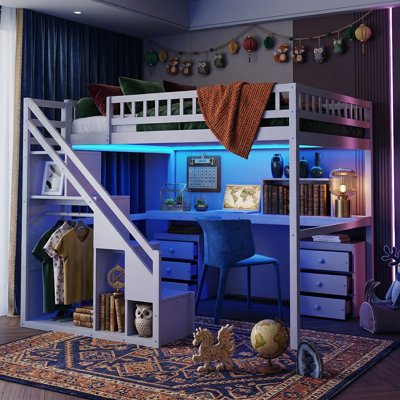Lit mezzanine double 78,9 "avec bureau intégré et 2 commodes - Escalier de rangement indépendant avec bande lumineuse à DEL - Structure en bois massif - Gris