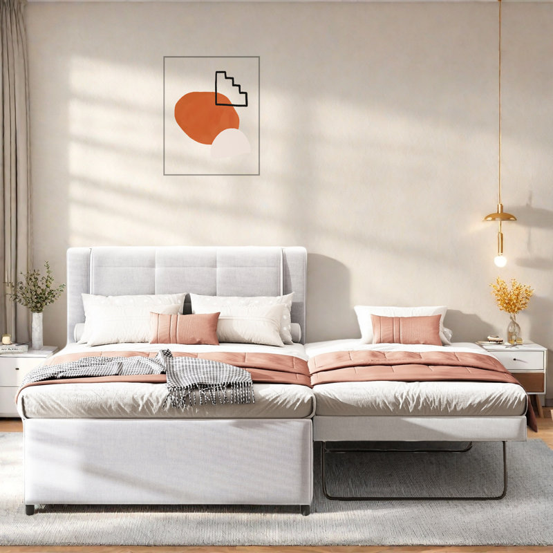 Lit plateforme tapissier avec lit gigogne multifonctionnel, Beige