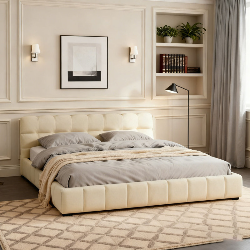 Lit plateforme tapissier avec tissu épais, lit au sol avec structure solide, Beige