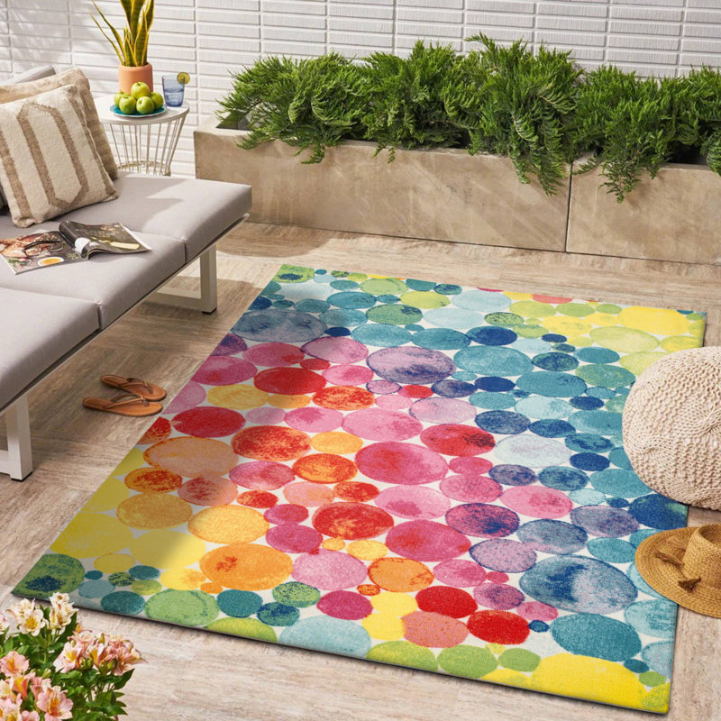 SUNSHINE Multicolored Bubbles Design Performance Outdoor Rugs Green/Multi Pink/Yellow, Rectangle 5' x 7'