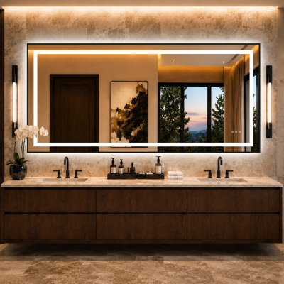 Miroir de salle de bain à cadre noir mat certifié UL / ETL avec éclairage avant et rétroéclairé, antibuée, 3 températures de couleur, gradation continue, fonction mémoire, verre trempé, fixation murale horizontale / verticale