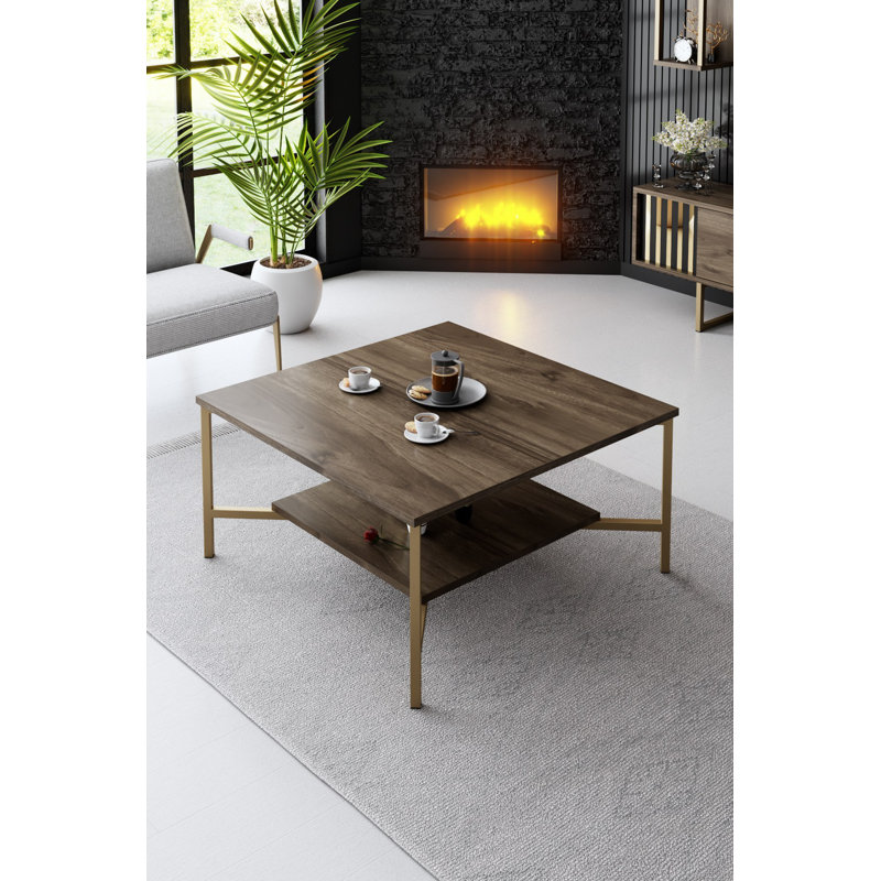 Ensemble de meubles de salon moderne, noyer et noir - meuble télé (70,9 x 11,8 x 18,9 po), 2 tablettes murales (8,7 x 8,3 x 23,6 po chacune), table basse (31,5 x 31,5 x 15,7 po) | 100% panneau de particules enduit de mélamine, pieds en métal, design élégant et durable