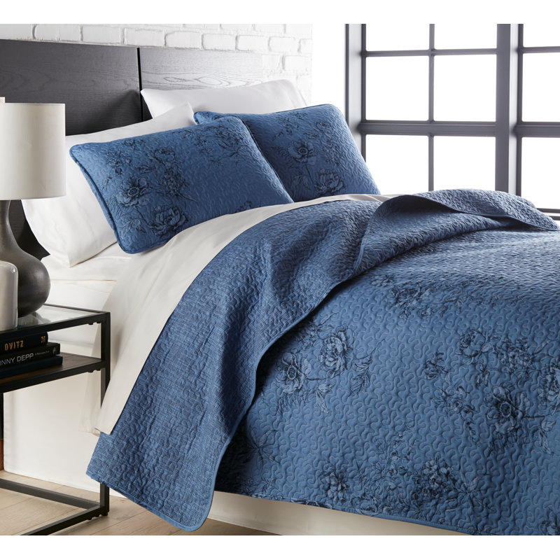 Harmony Collection Microfiber Reversible Quilt Set, King Quilt + 2 King Shams, Blue