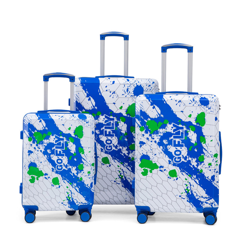 20 po / 24 po / 28 po 3 pièces / ensemble dans une valise à roulettes pour PC, valise de transport, avec motif imprimé et serrure à combinaison (bleu)
