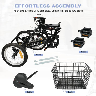 Folding Tricycle for Adults, 14 Inch 3 Wheel Bikes for Adults with Basket, 95% Pre-Assembled Collapsible Steel Frame 200 LBS Capacity