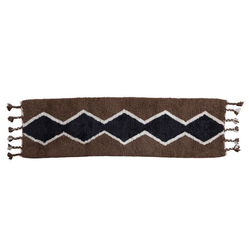 Cotton And Wool Blend Rug With Pattern And Braided Tassels, Runner 2'6" x 8'